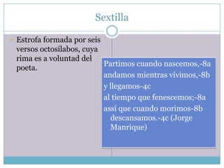 Sextilla

 Estrofa formada por seis
 versos octosílabos, cuya
 rima es a voluntad del
                          Partimos cuando nascemos,-8a
 poeta.
                          andamos mientras vivimos,-8b
                          y llegamos-4c
                          al tiempo que fenescemos;-8a
                          assí que cuando morimos-8b
                            descansamos.-4c (Jorge
                            Manrique)
 