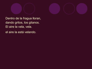 Dentro de la fragua lloran,  dando gritos, los gitanos.  El aire la vela, vela.  el aire la está velando.   