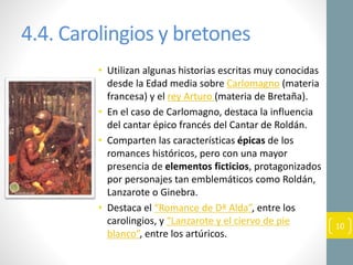 4.4. Carolingios y bretones
• Utilizan algunas historias escritas muy conocidas
desde la Edad media sobre Carlomagno (materia
francesa) y el rey Arturo (materia de Bretaña).
• En el caso de Carlomagno, destaca la influencia
del cantar épico francés del Cantar de Roldán.
• Comparten las características épicas de los
romances históricos, pero con una mayor
presencia de elementos ficticios, protagonizados
por personajes tan emblemáticos como Roldán,
Lanzarote o Ginebra.
• Destaca el “Romance de Dª Alda”, entre los
carolingios, y “Lanzarote y el ciervo de pie
blanco”, entre los artúricos.
10
 