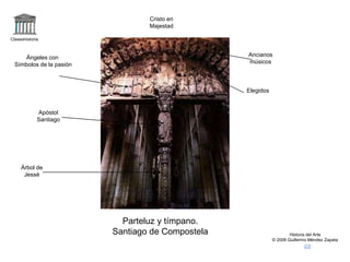 Claseshistoria
Historia del Arte
© 2006 Guillermo Méndez Zapata
Parteluz y tímpano.
Santiago de Compostela
Árbol de
Jessé
Apóstol
Santiago
Cristo en
Majestad
Ángeles con
Símbolos de la pasión
Ancianos
músicos
Elegidos
 