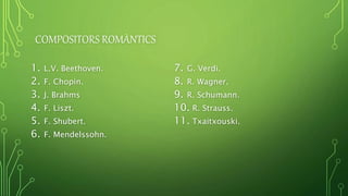 COMPOSITORS ROMÀNTICS
1. L.V. Beethoven.
2. F. Chopin.
3. J. Brahms
4. F. Liszt.
5. F. Shubert.
6. F. Mendelssohn.
7. G. Verdi.
8. R. Wagner.
9. R. Schumann.
10. R. Strauss.
11. Txaitxouski.
 
