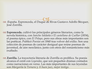 
 -España. Espronceda, el Duque de Rivas Gustavo Adolfo Bécquer,
  José Zorrilla.

 Espronceda. cultivó los principales géneros literarios, como la
  novela histórica, con Sancho Saldaña o El castellano de Cuéllar (1834),
  el poema épico, con El Pelayo, pero sus obras más importantes son
  las poéticas. Publicó Poesías en 1840 tras volver del exilio. Son una
  colección de poemas de carácter desigual que reúne poemas de
  juventud, de aire neoclásico, junto con otros del romanticismo más
  exaltado.

 Zorrilla. La trayectoria literaria de Zorrilla es prolífica. Su poesía
  alcanza el cenit con Leyendas, que son pequeños dramas contados
  como narraciones en verso. Las más importantes de sus leyendas
  son Margarita la Tornera y A buen juez, mejor testigo.
 