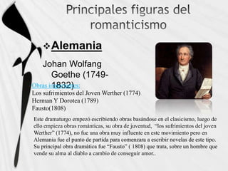  Alemania
   Johan Wolfang
       Goethe (1749-
       1832)
Obras importantes:
Los sufrimientos del Joven Werther (1774)
Herman Y Dorotea (1789)
Fausto(1808)
Este dramaturgo empezó escribiendo obras basándose en el clasicismo, luego de
ello empieza obras románticas, su obra de juventud, “los sufrimientos del joven
Werther” (1774), no fue una obra muy influente en este movimiento pero en
Alemania fue el punto de partida para comenzara a escribir novelas de este tipo.
Su principal obra dramática fue “Fausto” ( 1808) que trata, sobre un hombre que
vende su alma al diablo a cambio de conseguir amor..
 