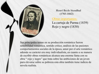 Obras importantes:
                            La cartuja de Parma (1839)
                            Rojo y negro (1830)



Sus principales temas en su producción romántica fueron
sensibilidad romántica, sentido critico, análisis de las pasiones
comportamientos sociales de la época, amor por el arte romántico
además su carácter era muy individualista, en cuanto a su manera
de escribir obras románticas alcanza una enorme fama con su
obra “ rojo y negro” que trata sobre las ambiciones de un joven
para elevarse sobre su pobreza esta obra también tiene indicio de
novela realista.
 