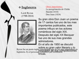  Inglaterra                 Obras importantes:
                               La peregrinación de Childe
                               Harold (1818)
                               Don Juan (1824)

                          Su gran obra Don Juan un poema
                          de 17 cantos fue uno de los mas
                          importantes publicados, este
                          poema influyo en los actores
                          románticos del siglo XIX.
                          Después del siglo XX Becquer
                          fue uno de sus mas grandes
                          admiradores.
                          En el año de 1950 se discutió
                          sobre su gran valor literario y lo
Byron fue un poeta ingles considerado uno de los mas importantes en
                          innovador de sus composiciones
Inglaterra. Es el personaje romántico por excelencia.
                          líricas.
 