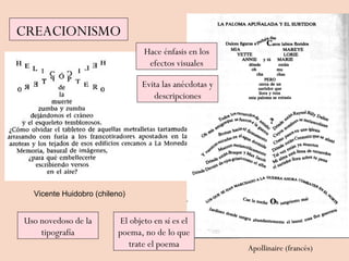 CREACIONISMO
Vicente Huidobro (chileno)
Apollinaire (francés)
Uso novedoso de la
tipografía
Hace énfasis en los
efectos visuales
El objeto en sí es el
poema, no de lo que
trate el poema
Evita las anécdotas y
descripciones
 