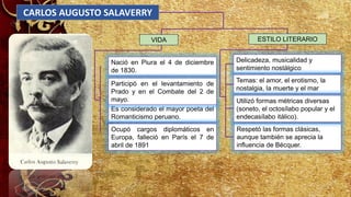 CARLOS AUGUSTO SALAVERRY
VIDA
Nació en Piura el 4 de diciembre
de 1830.
Es considerado el mayor poeta del
Romanticismo peruano.
Participó en el levantamiento de
Prado y en el Combate del 2 de
mayo.
Delicadeza, musicalidad y
sentimiento nostálgico
Temas: el amor, el erotismo, la
nostalgia, la muerte y el mar
Respetó las formas clásicas,
aunque también se aprecia la
influencia de Bécquer.
Utilizó formas métricas diversas
(soneto, el octosílabo popular y el
endecasílabo itálico).
ESTILO LITERARIO
Ocupó cargos diplomáticos en
Europa, falleció en París el 7 de
abril de 1891
 