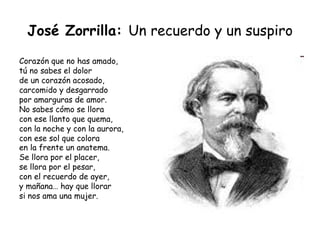 José Zorrilla:  Un recuerdo y un suspiro Corazón que no has amado, tú no sabes el dolor de un corazón acosado, carcomido y desgarrado por amarguras de amor. No sabes cómo se llora con ese llanto que quema, con la noche y con la aurora, con ese sol que colora en la frente un anatema.   Se llora por el placer, se llora por el pesar, con el recuerdo de ayer, y mañana… hay que llorar si nos ama una mujer. 