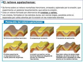 El relieve apalachense:
 Se forma sobre un relieve montañoso herciniano, arrasado y aplanado por la erosión, que
experimenta un posterior levantamiento, que activa la erosión.
 Crea un relieve formado por alternancia de crestas y valles.
 Las crestas, formadas en los estratos duros, son sierras largas, paralelas entre sí,
separadas por valles abiertos por la erosión en los materiales blandos
 