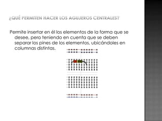 Permite insertar en él los elementos de la forma que se
desee, pero teniendo en cuenta que se deben
separar los pines de los elementos, ubicándoles en
columnas distintas.

 