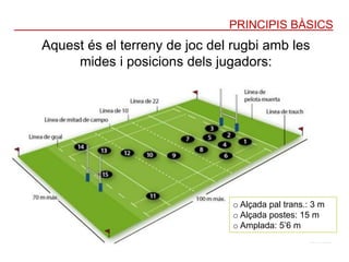PRINCIPIS BÀSICS
Aquest és el terreny de joc del rugbi amb les
mides i posicions dels jugadors:
o Alçada pal trans.: 3 m
o Alçada postes: 15 m
o Amplada: 5’6 m
 