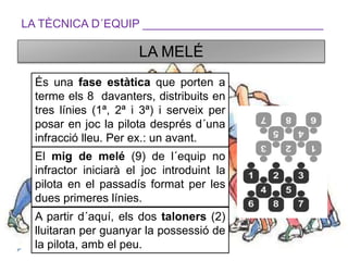 LA TÈCNICA D´EQUIP ____________________________
LA MELÉ
És una fase estàtica que porten a
terme els 8 davanters, distribuits en
tres línies (1ª, 2ª i 3ª) i serveix per
posar en joc la pilota després d´una
infracció lleu. Per ex.: un avant.
El mig de melé (9) de l´equip no
infractor iniciarà el joc introduint la
pilota en el passadís format per les
dues primeres línies.
A partir d´aquí, els dos taloners (2)
lluitaran per guanyar la possessió de
la pilota, amb el peu.
 