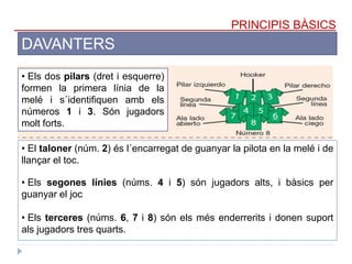 PRINCIPIS BÀSICS
DAVANTERS
• El taloner (núm. 2) és l´encarregat de guanyar la pilota en la melé i de
llançar el toc.
• Els segones línies (núms. 4 i 5) són jugadors alts, i bàsics per
guanyar el joc
• Els terceres (núms. 6, 7 i 8) són els més enderrerits i donen suport
als jugadors tres quarts.
• Els dos pilars (dret i esquerre)
formen la primera línia de la
melé i s´identifiquen amb els
números 1 i 3. Són jugadors
molt forts.
 