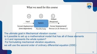 10
The ultimate goal in Mechanical vibration course:
is it possible to set up a mathematical model that has all of these elements
in it and represents the whole system?
For formulating mechanical vibration equations,
we will use the second order of ordinary differential equation (ODE)
 