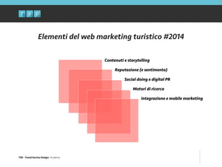 TSD - Travel Service Design: Academy
Elementi del web marketing turistico #2014
Contenuti e storytelling
Reputazione (e sentimento)
Social doing e digital PR
Motori di ricerca
Integrazione e mobile marketing
 