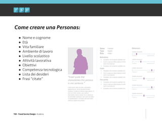 TSD - Travel Service Design: Academy
Come creare una Personas:
!
• Nome e cognome
• Età
• Vita familiare
• Ambiente di lavoro
• Livello scolastico
• Attività lavorativa
• Obiettivi
• Competenza tecnologica
• Lista dei desideri
• Frasi “citate”
 