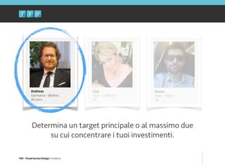 TSD - Travel Service Design: Academy
Determina un target principale o al massimo due
su cui concentrare i tuoi investimenti.
Lisa
USA - California
42
Enrico
Italia - Milano
38
Andreas
Germania - Berlino
40 anni
 