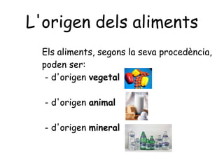 L'origen dels aliments Els aliments, segons la seva procedència, poden ser: - d'origen  vegetal - d'origen  animal - d'origen  mineral 