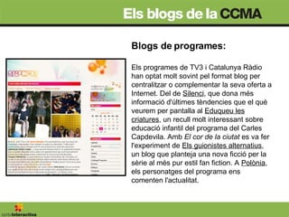 Blogs de programes: Els programes de TV3 i Catalunya Ràdio han optat molt sovint pel format blog per centralitzar o complementar la seva oferta a Internet. Del de  Silenci , que dona més informació d'últimes tèndencies que el què veurem per pantalla al  Eduqueu les criatures , un recull molt interessant sobre educació infantil del programa del Carles Capdevila. Amb  El cor de la ciutat  es va fer l'experiment de  Els guionistes alternatius , un blog que planteja una nova ficció per la sèrie al més pur estil fan fiction. A  Polònia , els personatges del programa ens comenten l'actualitat. 