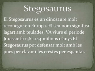 El Stegosaurus és un dinosaure molt
reconegut en Europa. El seu nom significa
lagart amb teulades. VA viure el periode
Jurassic fa 156 i 144 milions d’anys.El
Stegosaurus pot defensar molt amb les
pues per clavar i les crestes per espantar.
 