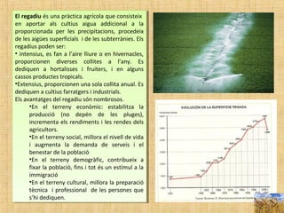 El regadiu és una pràctica agrícola que consisteix
en aportar als cultius aigua addicional a la
proporcionada per les precipitacions, procedeix
de les aigües superficials i de les subterrànies. Els
regadius poden ser:
• intensius, es fan a l’aire lliure o en hivernacles,
proporcionen diverses collites a l’any. Es
dediquen a hortalisses i fruiters, i en alguns
cassos productes tropicals.
•Extensius, proporcionen una sola collita anual. Es
dediquen a cultius farratgers i industrials.
Els avantatges del regadiu són nombrosos.
•En el terreny econòmic: estabilitza la
producció (no depén de les pluges),
incrementa els rendiments i les rendes dels
agricultors.
•En el terreny social, millora el nivell de vida
i augmenta la demanda de serveis i el
benestar de la població
•En el terreny demogràfic, contribueix a
fixar la població, fins i tot és un estímul a la
immigració
•En el terreny cultural, millora la preparació
tècnica i professional de les persones que
s’hi dediquen.
El regadiu és una pràctica agrícola que consisteix
en aportar als cultius aigua addicional a la
proporcionada per les precipitacions, procedeix
de les aigües superficials i de les subterrànies. Els
regadius poden ser:
• intensius, es fan a l’aire lliure o en hivernacles,
proporcionen diverses collites a l’any. Es
dediquen a hortalisses i fruiters, i en alguns
cassos productes tropicals.
•Extensius, proporcionen una sola collita anual. Es
dediquen a cultius farratgers i industrials.
Els avantatges del regadiu són nombrosos.
•En el terreny econòmic: estabilitza la
producció (no depén de les pluges),
incrementa els rendiments i les rendes dels
agricultors.
•En el terreny social, millora el nivell de vida
i augmenta la demanda de serveis i el
benestar de la població
•En el terreny demogràfic, contribueix a
fixar la població, fins i tot és un estímul a la
immigració
•En el terreny cultural, millora la preparació
tècnica i professional de les persones que
s’hi dediquen.
 