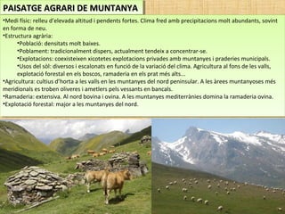 PAISATGE AGRARI DE MUNTANYAPAISATGE AGRARI DE MUNTANYAPAISATGE AGRARI DE MUNTANYAPAISATGE AGRARI DE MUNTANYA
•Medi físic: relleu d’elevada altitud i pendents fortes. Clima fred amb precipitacions molt abundants, sovint
en forma de neu.
•Estructura agrària:
•Població: densitats molt baixes.
•Poblament: tradicionalment dispers, actualment tendeix a concentrar-se.
•Explotacions: coexisteixen xicotetes explotacions privades amb muntanyes i praderies municipals.
•Usos del sòl: diversos i escalonats en funció de la variació del clima. Agricultura al fons de les valls,
explotació forestal en els boscos, ramaderia en els prat més alts...
•Agricultura: cultius d’horta a les valls en les muntanyes del nord peninsular. A les àrees muntanyoses més
meridionals es troben oliveres i ametlers pels vessants en bancals.
•Ramaderia: extensiva. Al nord bovina i ovina. A les muntanyes mediterrànies domina la ramaderia ovina.
•Explotació forestal: major a les muntanyes del nord.
•Medi físic: relleu d’elevada altitud i pendents fortes. Clima fred amb precipitacions molt abundants, sovint
en forma de neu.
•Estructura agrària:
•Població: densitats molt baixes.
•Poblament: tradicionalment dispers, actualment tendeix a concentrar-se.
•Explotacions: coexisteixen xicotetes explotacions privades amb muntanyes i praderies municipals.
•Usos del sòl: diversos i escalonats en funció de la variació del clima. Agricultura al fons de les valls,
explotació forestal en els boscos, ramaderia en els prat més alts...
•Agricultura: cultius d’horta a les valls en les muntanyes del nord peninsular. A les àrees muntanyoses més
meridionals es troben oliveres i ametlers pels vessants en bancals.
•Ramaderia: extensiva. Al nord bovina i ovina. A les muntanyes mediterrànies domina la ramaderia ovina.
•Explotació forestal: major a les muntanyes del nord.
 