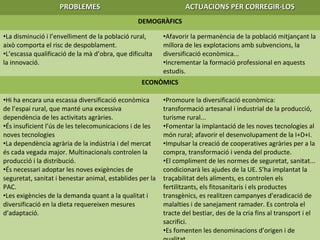 PROBLEMESPROBLEMES ACTUACIONS PER CORREGIR-LOSACTUACIONS PER CORREGIR-LOS
DEMOGRÀFICS
•La disminució i l’envelliment de la població rural,
això comporta el risc de despoblament.
•L’escassa qualificació de la mà d’obra, que dificulta
la innovació.
•Afavorir la permanència de la població mitjançant la
millora de les explotacions amb subvencions, la
diversificació econòmica...
•Incrementar la formació professional en aquests
estudis.
ECONÒMICS
•Hi ha encara una escassa diversificació econòmica
de l’espai rural, que manté una excessiva
dependència de les activitats agràries.
•És insuficient l’ús de les telecomunicacions i de les
noves tecnologies
•La dependència agrària de la indústria i del mercat
és cada vegada major. Multinacionals controlen la
producció i la distribució.
•És necessari adoptar les noves exigències de
seguretat, sanitat i benestar animal, establides per la
PAC.
•Les exigències de la demanda quant a la qualitat i
diversificació en la dieta requereixen mesures
d’adaptació.
•Promoure la diversificació econòmica:
transformació artesanal i industrial de la producció,
turisme rural...
•Fomentar la implantació de les noves tecnologies al
món rural; afavorir el desenvolupament de la I+D+I.
•Impulsar la creació de cooperatives agràries per a la
compra, transformació i venda del producte.
•El compliment de les normes de seguretat, sanitat...
condicionarà les ajudes de la UE. S’ha implantat la
traçabilitat dels aliments, es controlen els
fertilitzants, els fitosanitaris i els productes
transgènics, es realitzen campanyes d'eradicació de
malalties i de sanejament ramader. Es controla el
tracte del bestiar, des de la cria fins al transport i el
sacrifici.
•Es fomenten les denominacions d’origen i de
 