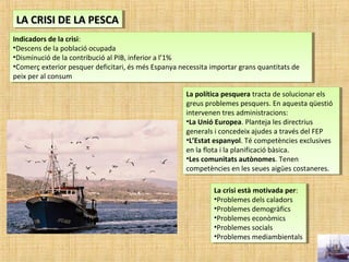 LA CRISI DE LA PESCALA CRISI DE LA PESCALA CRISI DE LA PESCALA CRISI DE LA PESCA
La crisi està motivada per:
•Problemes dels caladors
•Problemes demogràfics
•Problemes econòmics
•Problemes socials
•Problemes mediambientals
La crisi està motivada per:
•Problemes dels caladors
•Problemes demogràfics
•Problemes econòmics
•Problemes socials
•Problemes mediambientals
Indicadors de la crisi:
•Descens de la població ocupada
•Disminució de la contribució al PIB, inferior a l’1%
•Comerç exterior pesquer deficitari, és més Espanya necessita importar grans quantitats de
peix per al consum
Indicadors de la crisi:
•Descens de la població ocupada
•Disminució de la contribució al PIB, inferior a l’1%
•Comerç exterior pesquer deficitari, és més Espanya necessita importar grans quantitats de
peix per al consum
La política pesquera tracta de solucionar els
greus problemes pesquers. En aquesta qüestió
intervenen tres administracions:
•La Unió Europea. Planteja les directrius
generals i concedeix ajudes a través del FEP
•L’Estat espanyol. Té competències exclusives
en la flota i la planificació bàsica.
•Les comunitats autònomes. Tenen
competències en les seues aigües costaneres.
La política pesquera tracta de solucionar els
greus problemes pesquers. En aquesta qüestió
intervenen tres administracions:
•La Unió Europea. Planteja les directrius
generals i concedeix ajudes a través del FEP
•L’Estat espanyol. Té competències exclusives
en la flota i la planificació bàsica.
•Les comunitats autònomes. Tenen
competències en les seues aigües costaneres.
 