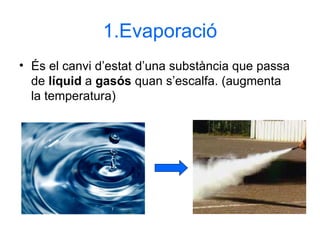 1.Evaporació És el canvi d’estat d’una substància que passa de  líquid  a  gasós  quan s’escalfa. (augmenta la temperatura) 