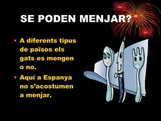 SE PODEN MENJAR? A diferents tipus de països els gats es mengen o no. Aquí a Espanya no s’acostumen a menjar. 