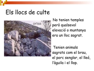 Els llocs de culte No tenien temples però qualsevol elevació o muntanya era un lloc sagrat. Tenien animals sagrats com el brau, el porc senglar, el lleó, l’àguila i el llop. 