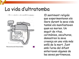 La vida d’ultratomba El sentiment religiós que experimentaven els ibers durant la seva vida també els manifestaven  quan es morien. Un seguit de ritus, cerimònies, escultures, demostren la seva creença en una vida més enllà de la mort. Junt amb l’urna del difunt enterraven algunes de les seves pertinences. 
