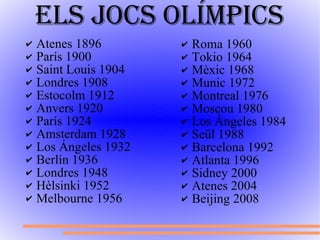 Els jocs olímpics Atenes 1896 París 1900 Saint Louis 1904 Londres 1908 Estocolm 1912 Anvers 1920 París 1924 Amsterdam 1928 Los Ángeles 1932 Berlín 1936 Londres 1948 Hèlsinki 1952 Melbourne 1956 Roma 1960 Tokio 1964 Mèxic 1968 Munic 1972 Montreal 1976 Moscou 1980 Los Ángeles 1984 Seül 1988 Barcelona 1992 Atlanta 1996 Sidney 2000 Atenes 2004 Beijing 2008 