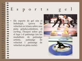 Esports gel Els esports de gel són el  bobsleigh , (prova de velocitat en trineu sobre una pista gelada ) , eskeleton,  el  curling , l'hoquei sobre gel, el  luge  i el patinatge (en les modalitats de patinatge artístic, patinatge de velocitat i patinatge de velocitat en pista curta). 