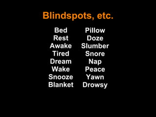 Blindspots, etc. Bed Rest Awake Tired Dream Wake Snooze Blanket Pillow Doze Slumber Snore Nap Peace Yawn Drowsy 