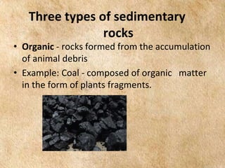 EARTH AND LIFE SCIENCE
Module
4
Three types of sedimentary
rocks
• Organic - rocks formed from the accumulation
of animal debris
• Example: Coal - composed of organic matter
in the form of plants fragments.
 