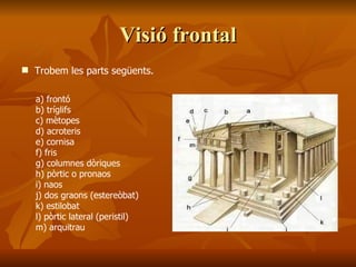 Visió frontalVisió frontal
 Trobem les parts següents.
a) frontó
b) tríglifs
c) mètopes
d) acroteris
e) cornisa
f) fris
g) columnes dòriques
h) pòrtic o pronaos
i) naos
j) dos graons (estereòbat)
k) estilobat
l) pòrtic lateral (peristil)
m) arquitrau
 