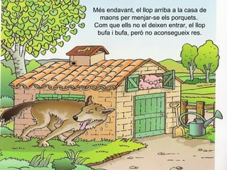 Més endavant, el llop arriba a la casa de maons per menjar-se els porquets.  Com que ells no el deixen entrar, el llop bufa i bufa, però no aconsegueix res. 