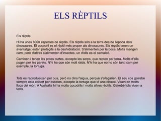 ELS RÈPTILS
Els rèptils
Hi ha unes 6000 especies de rèptils. Els rèptils són a la terra des de l'època dels
dinosaures. El cocodril es el rèptil més proper als dinosaures. Els rèptils tenen un
avantatge: estan protegits a la deshidratació. S'alimenten per la boca. Molts mengen
carn, però d'altres s'alimenten d'insectes, un d'ells es el camaleó.
Caminen i tenen les potes curtes, excepte les serps, que repten per terra. Molts d'ells
pugen per les parets. N'hi ha que són molt ràids. N'hi ha que no ho són tant, com per
exemple, la tortuga.
Tots es reprodueixen per ous, però no dins l'aigua, perquè s'ofegarien. El seu cos gairebé
sempre esta cobert per escates, excepte la tortuga que té una closca. Viuen en molts
llocs del món. A Austràlia hi ha molts cocodrils i molts altres rèptils. Gairebé tots viuen a
terra.
 