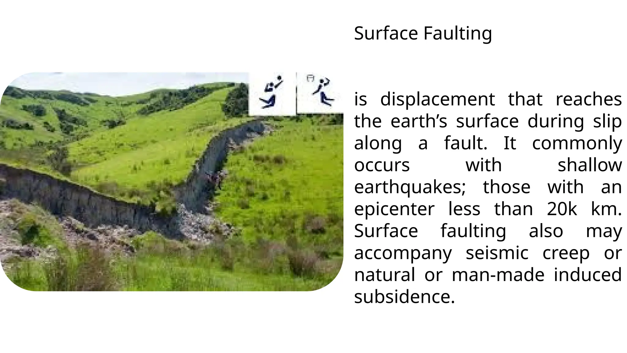 Surface Faulting
is displacement that reaches
the earth’s surface during slip
along a fault. It commonly
occurs with shallow
earthquakes; those with an
epicenter less than 20k km.
Surface faulting also may
accompany seismic creep or
natural or man-made induced
subsidence.
 