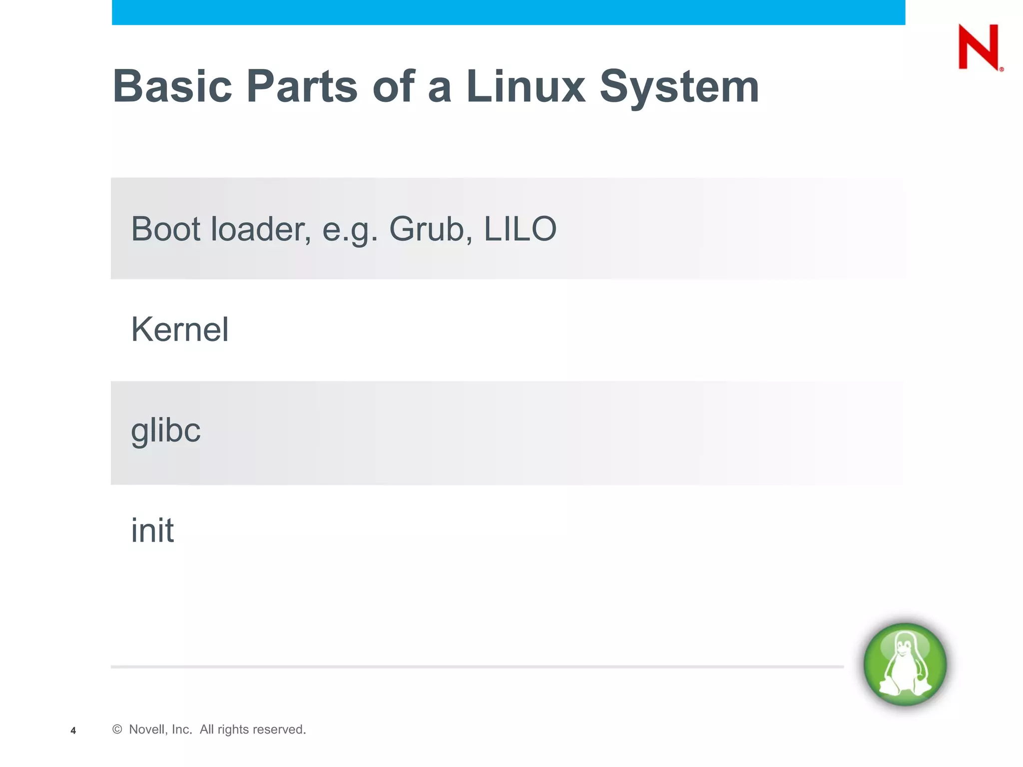 Basic Parts of a Linux System


       Boot loader, e.g. Grub, LILO

       Kernel

       glibc

       init




4   © Novell, Inc. All rights reserved.
 
