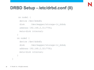 DRBD Setup - /etc/drbd.conf (II)

                      on node1 {
                       device /dev/drbd0;
                       disk                /dev/mapper/storage-lv_drbd;
                       address 192.168.2.31:7791;
                       meta-disk internal;
                  }
                  on node2 {
                       device /dev/drbd0;
                       disk                /dev/mapper/storage-lv_drbd;
                       address 192.168.2.32:7791;
                       meta-disk internal;
                  }
        }


23   © Novell, Inc. All rights reserved.
 