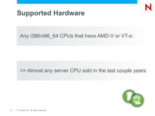 Supported Hardware


       Any i386/x86_64 CPUs that have AMD-V or VT-x:




       => Almost any server CPU sold in the last couple years




5   © Novell, Inc. All rights reserved.
 