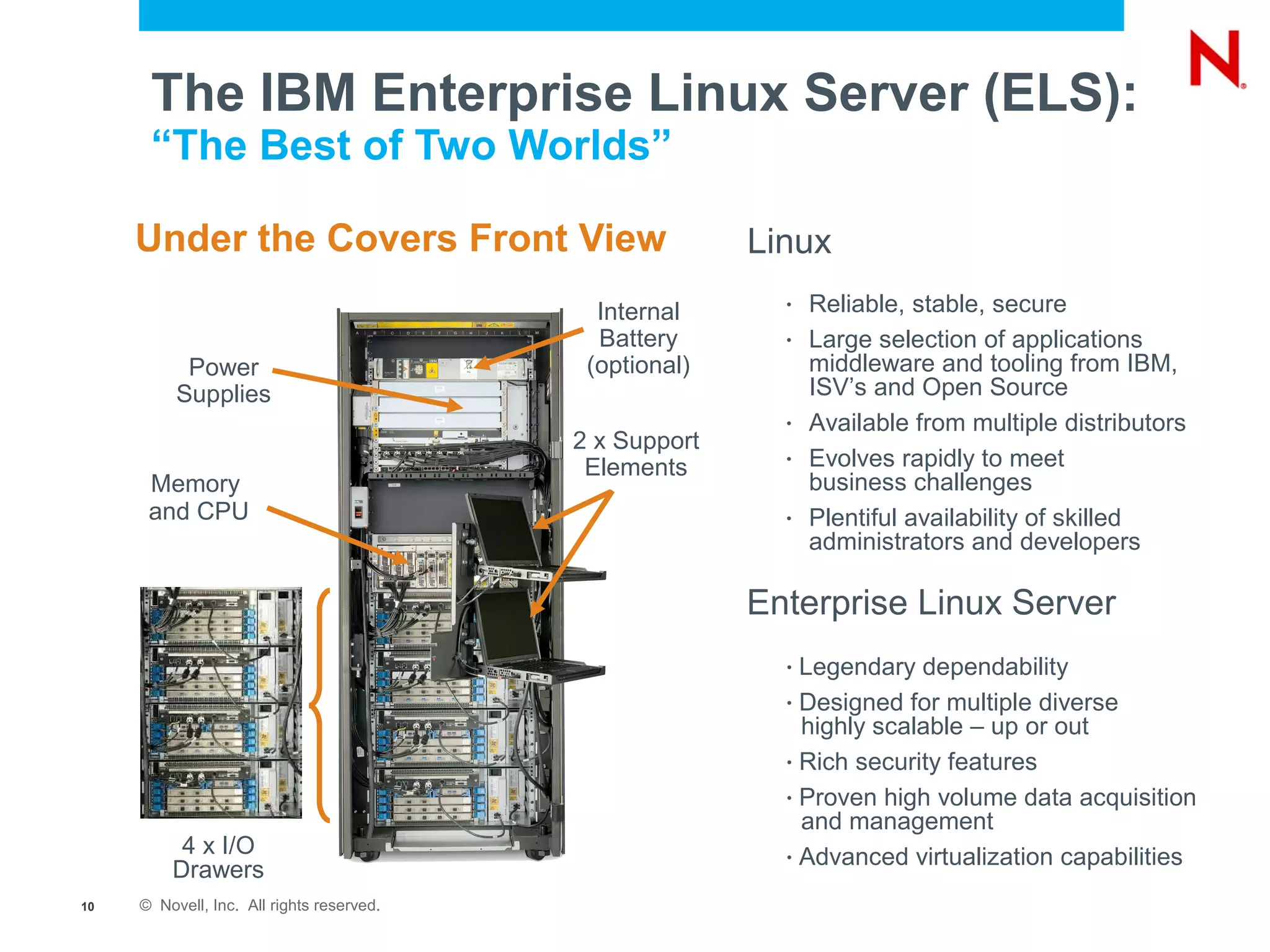 The IBM Enterprise Linux Server (ELS):
      “The Best of Two Worlds”

     Under the Covers Front View                         Linux
                                             Internal      •   Reliable, stable, secure
                                             Battery       •   Large selection of applications
           Power                            (optional)         middleware and tooling from IBM,
          Supplies                                             ISV’s and Open Source
                                                           •   Available from multiple distributors
                                           2 x Support
                                            Elements
                                                           •   Evolves rapidly to meet
      Memory                                                   business challenges
      and CPU                                              •   Plentiful availability of skilled
                                                               administrators and developers

                                                         Enterprise Linux Server
                                                           • Legendary dependability
                                                           • Designed for multiple diverse

                                                             highly scalable – up or out
                                                           • Rich security features


                                                           • Proven high volume data acquisition

                                                             and management
          4 x I/O                                          • Advanced virtualization capabilities
         Drawers
10   © Novell, Inc. All rights reserved.
 