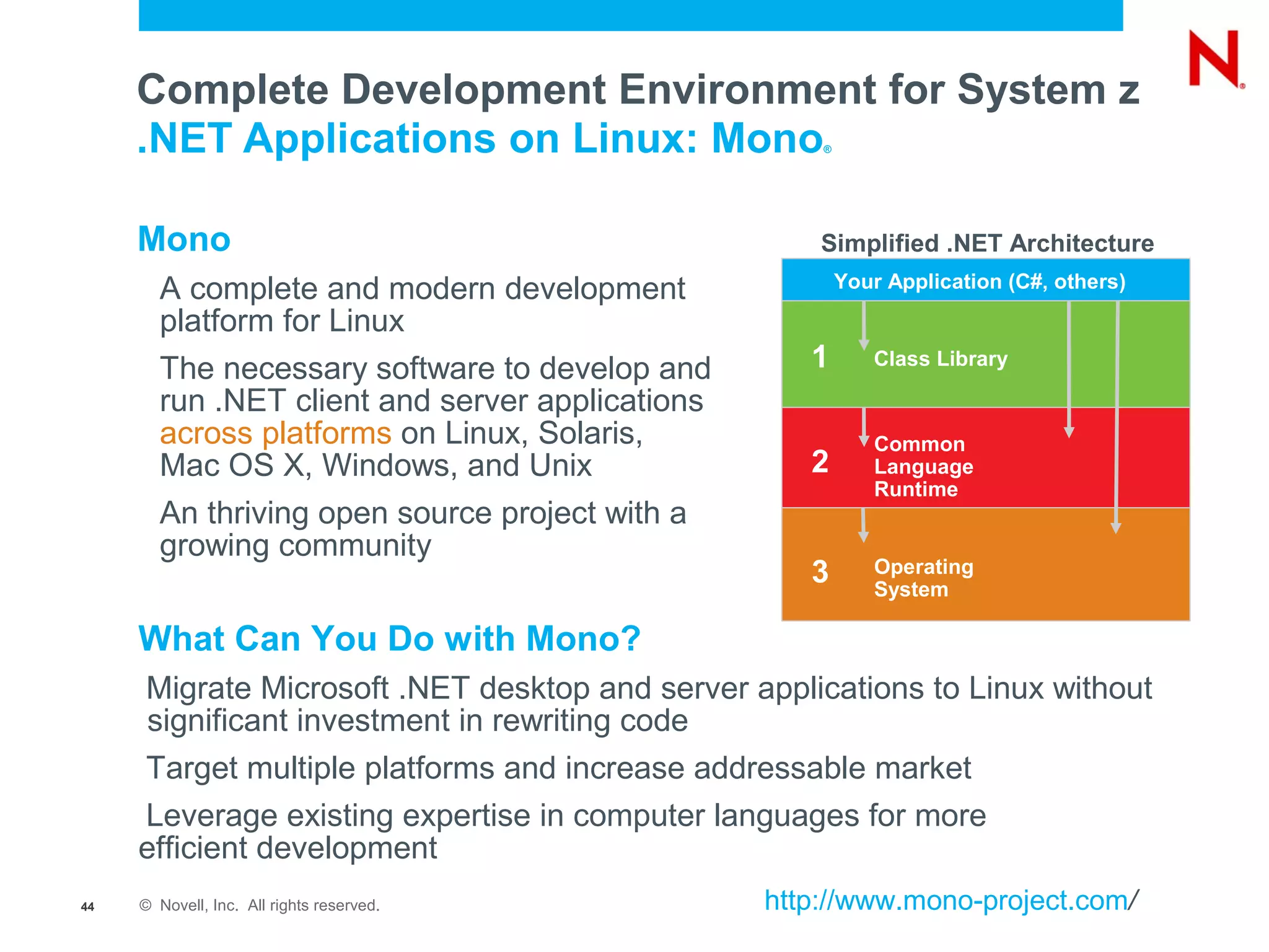 Complete Development Environment for System z
     .NET Applications on Linux: Mono                ®




     Mono                                            Simplified .NET Architecture
       A complete and modern development                 Your Application (C#, others)

       platform for Linux
       The necessary software to develop and        1       Class Library

       run .NET client and server applications
       across platforms on Linux, Solaris,                  Common
       Mac OS X, Windows, and Unix                  2       Language
                                                            Runtime
       An thriving open source project with a
       growing community
                                                    3       Operating
                                                            System

     What Can You Do with Mono?
     Migrate Microsoft .NET desktop and server applications to Linux without
      significant investment in rewriting code
     Target multiple platforms and increase addressable market
     Leverage existing expertise in computer languages for more
     efficient development
44   © Novell, Inc. All rights reserved.         http://www.mono-project.com/
 