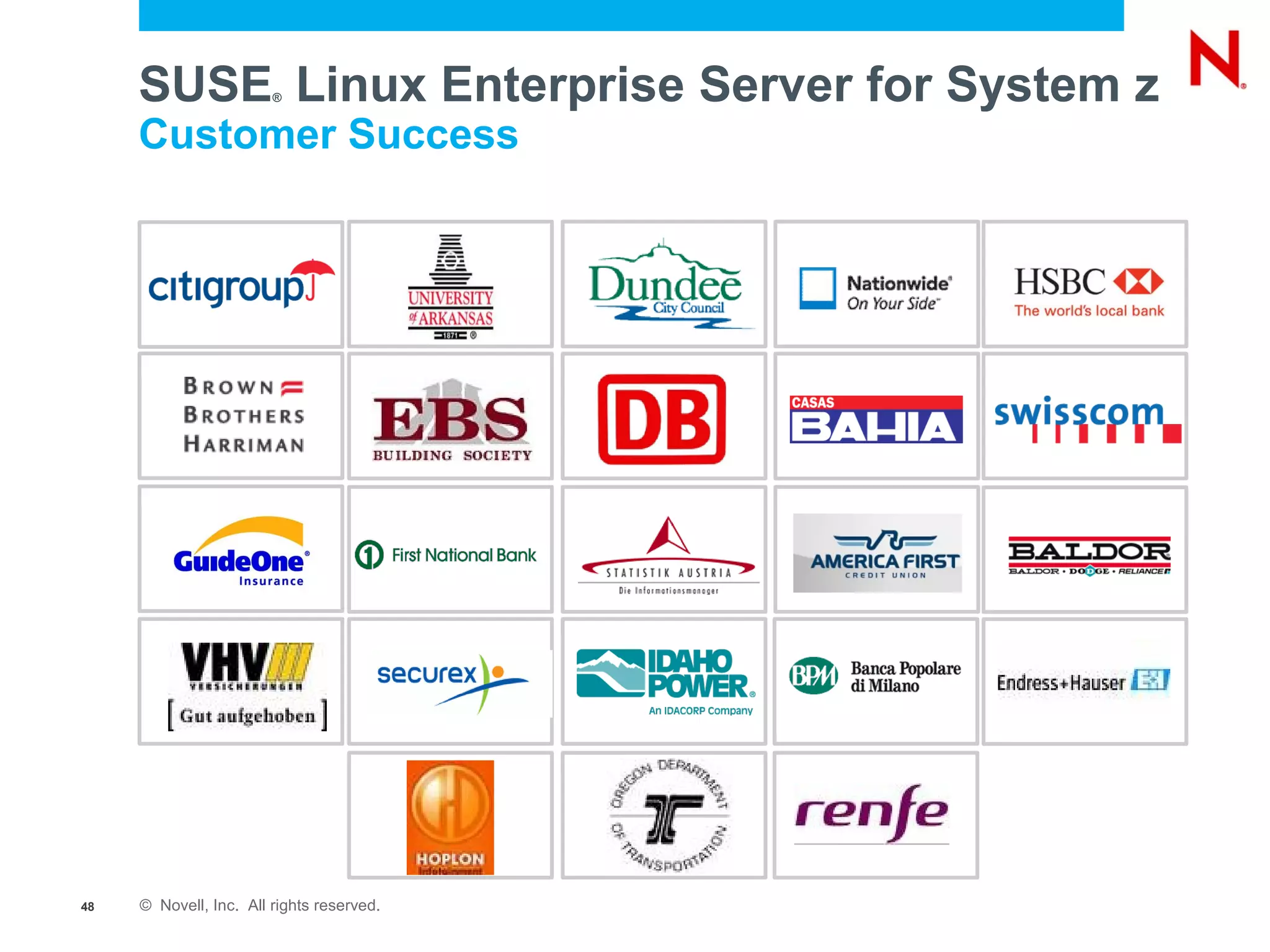 SUSE Linux Enterprise Server for System z
                        ®


     Customer Success




48   © Novell, Inc. All rights reserved.
 
