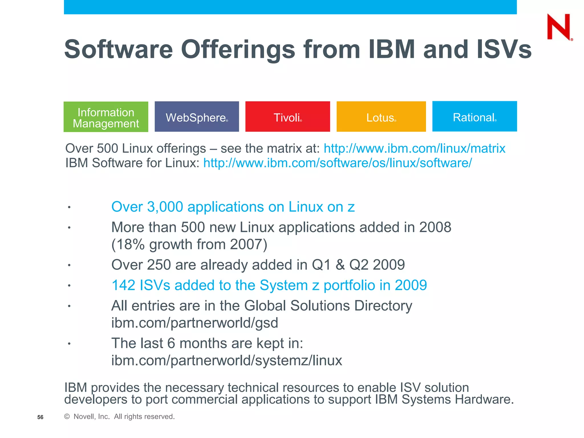 Software Offerings from IBM and ISVs

          Information                WebSphere       Tivoli       Lotus       Rational
          Management
                                                 ®            ®           ®              ®




     Over 500 Linux offerings – see the matrix at: http://www.ibm.com/linux/matrix
     IBM Software for Linux: http://www.ibm.com/software/os/linux/software/


      •            Over 3,000 applications on Linux on z
      •            More than 500 new Linux applications added in 2008
                   (18% growth from 2007)
      •            Over 250 are already added in Q1 & Q2 2009
      •            142 ISVs added to the System z portfolio in 2009
      •            All entries are in the Global Solutions Directory
                   ibm.com/partnerworld/gsd
      •            The last 6 months are kept in:
                   ibm.com/partnerworld/systemz/linux
     IBM provides the necessary technical resources to enable ISV solution
     developers to port commercial applications to support IBM Systems Hardware.
56   © Novell, Inc. All rights reserved.
 