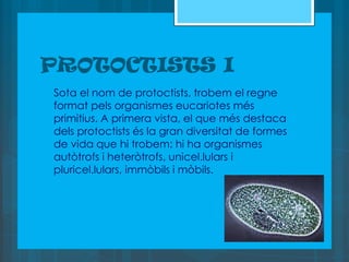 PROTOCTISTS I
   Sota el nom de protoctists, trobem el regne
    format pels organismes eucariotes més
    primitius. A primera vista, el que més destaca
    dels protoctists és la gran diversitat de formes
    de vida que hi trobem: hi ha organismes
    autòtrofs i heteròtrofs, unicel.lulars i
    pluricel.lulars, immòbils i mòbils.
 