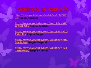 http://www.youtube.com/watch?v=9_TyY7lEJ
uA Regne Moneres

http://www.youtube.com/watch?v=KlX
WDNK-5Ak Regne Protists

http://www.youtube.com/watch?v=PZQ
2Xkir2Ls Regne Fongs

http://www.youtube.com/watch?v=PH1
0uc6xAp4 Regne Vegetal

http://www.youtube.com/watch?v=TZ1
_WfdkW6Q Regne Animal
 