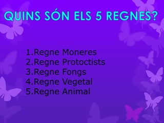 1.Regne   Moneres
2.Regne   Protoctists
3.Regne   Fongs
4.Regne   Vegetal
5.Regne   Animal
 
